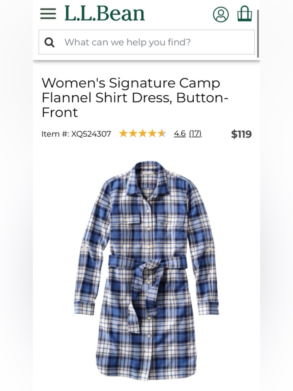 L.L Bean Women's Signature Camp Button-Front Flannel 100% Cotton Dress Size 8